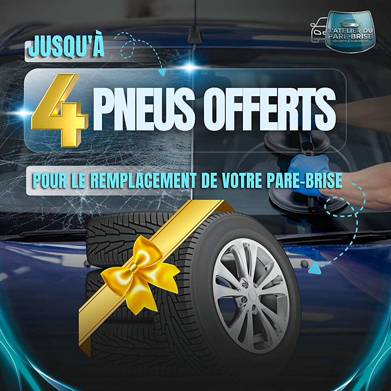 Jusqu'à 4 pneus offerts pour le remplacement de votre pare-brise